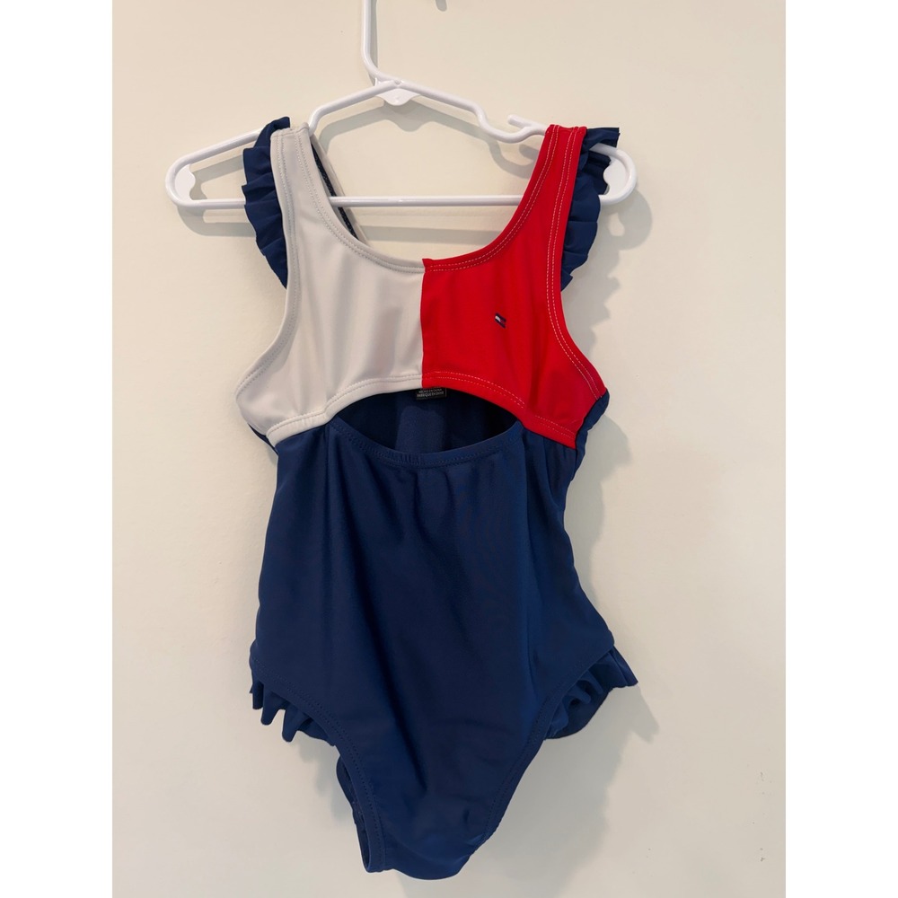 Tommy Hilfiger Girls Size 5 One Piece Swimsuit Ruffle Cutout Blue Red White